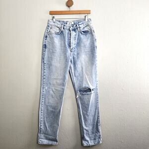 Free People Distressed Light Blue Denim Button Fly Straight Leg Jean